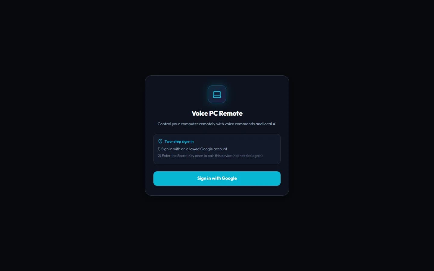 Voice PC Remote sign-in card explaining two-step sign-in with Google and a device secret key