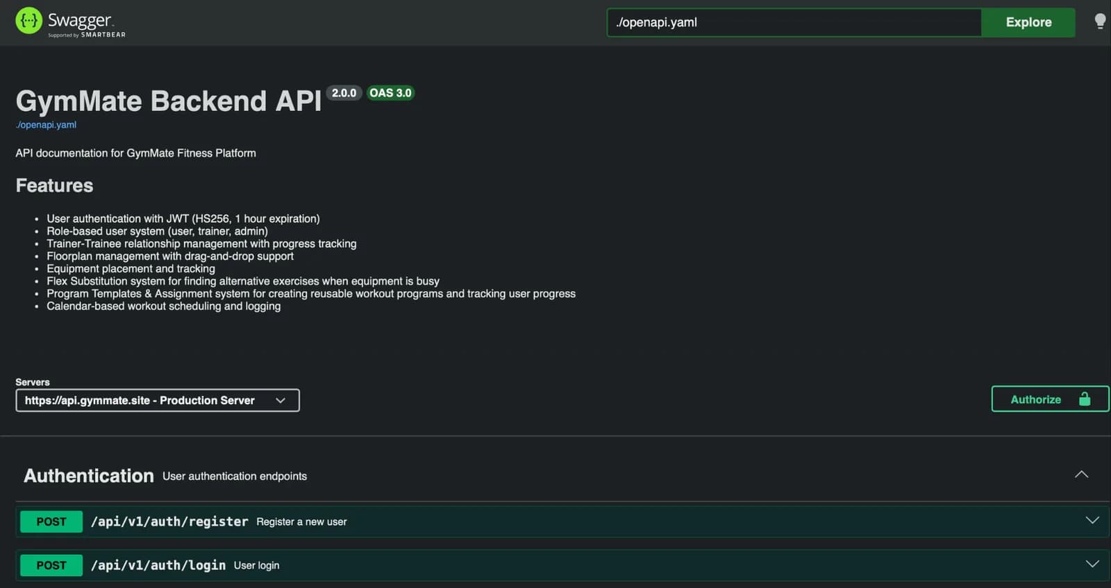 Swagger page for the GymMate Backend API version 2.0.0 listing features and authentication endpoints