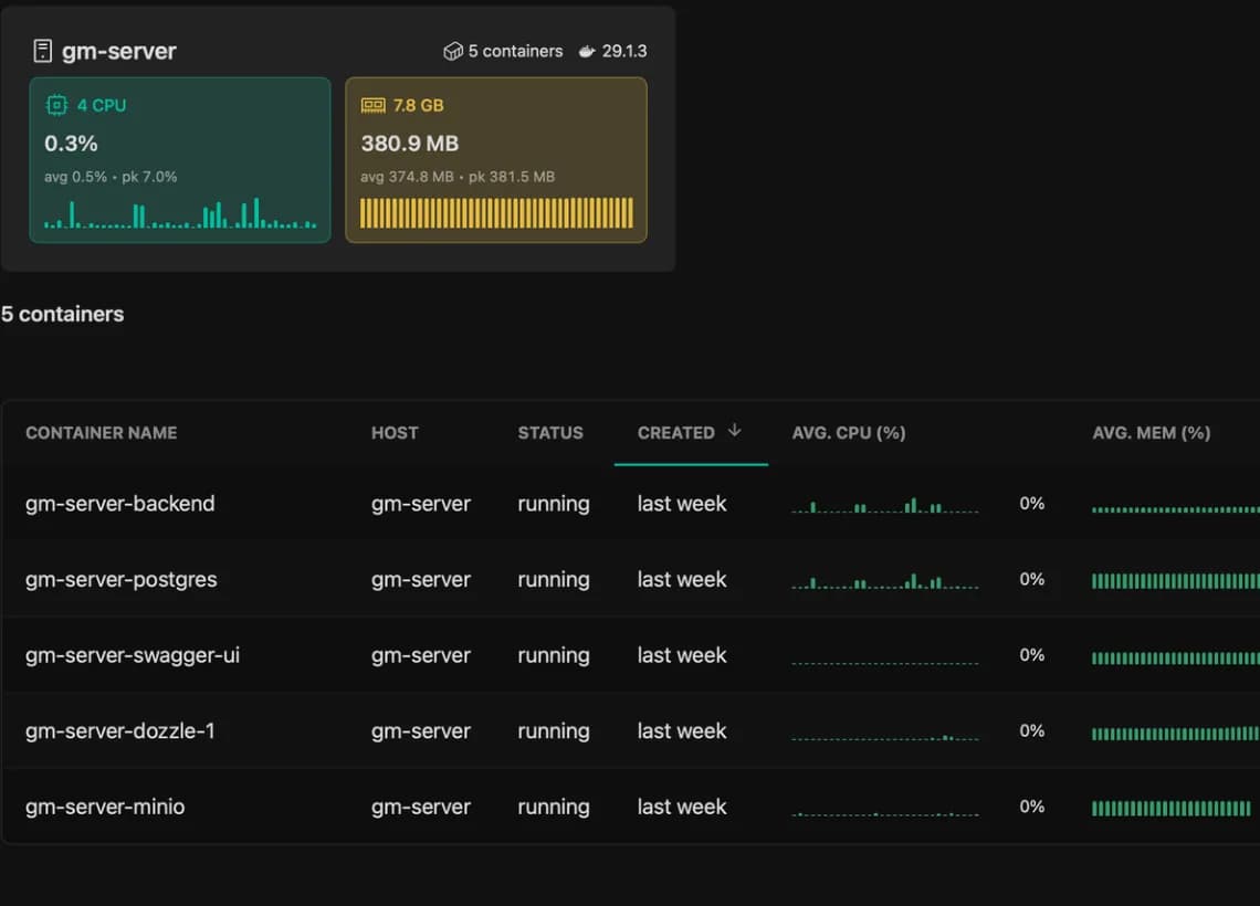 Dozzle dashboard for gm-server showing five running containers with CPU and memory