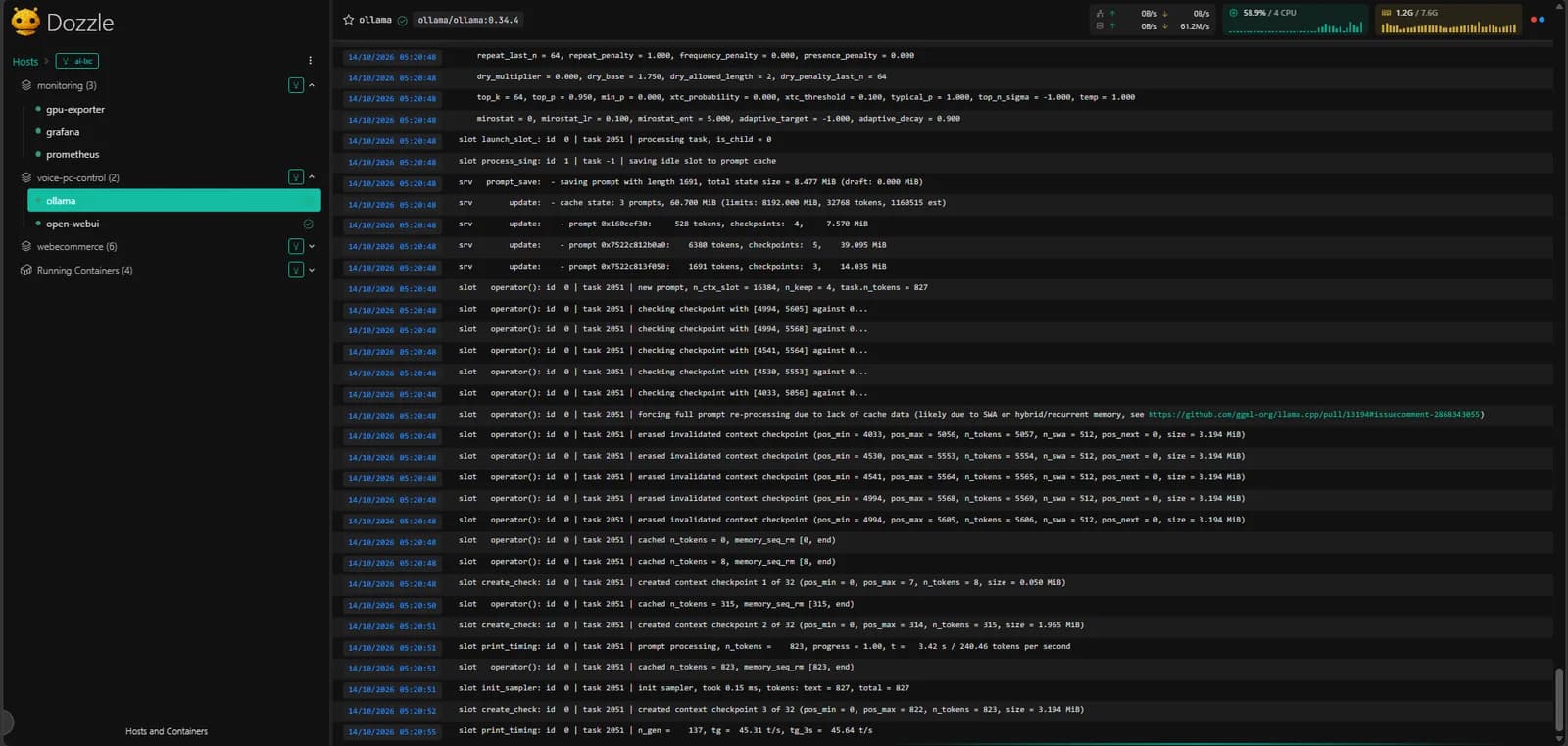 Dozzle showing live Ollama logs, with containers grouped into monitoring, voice-pc-control, and webecommerce