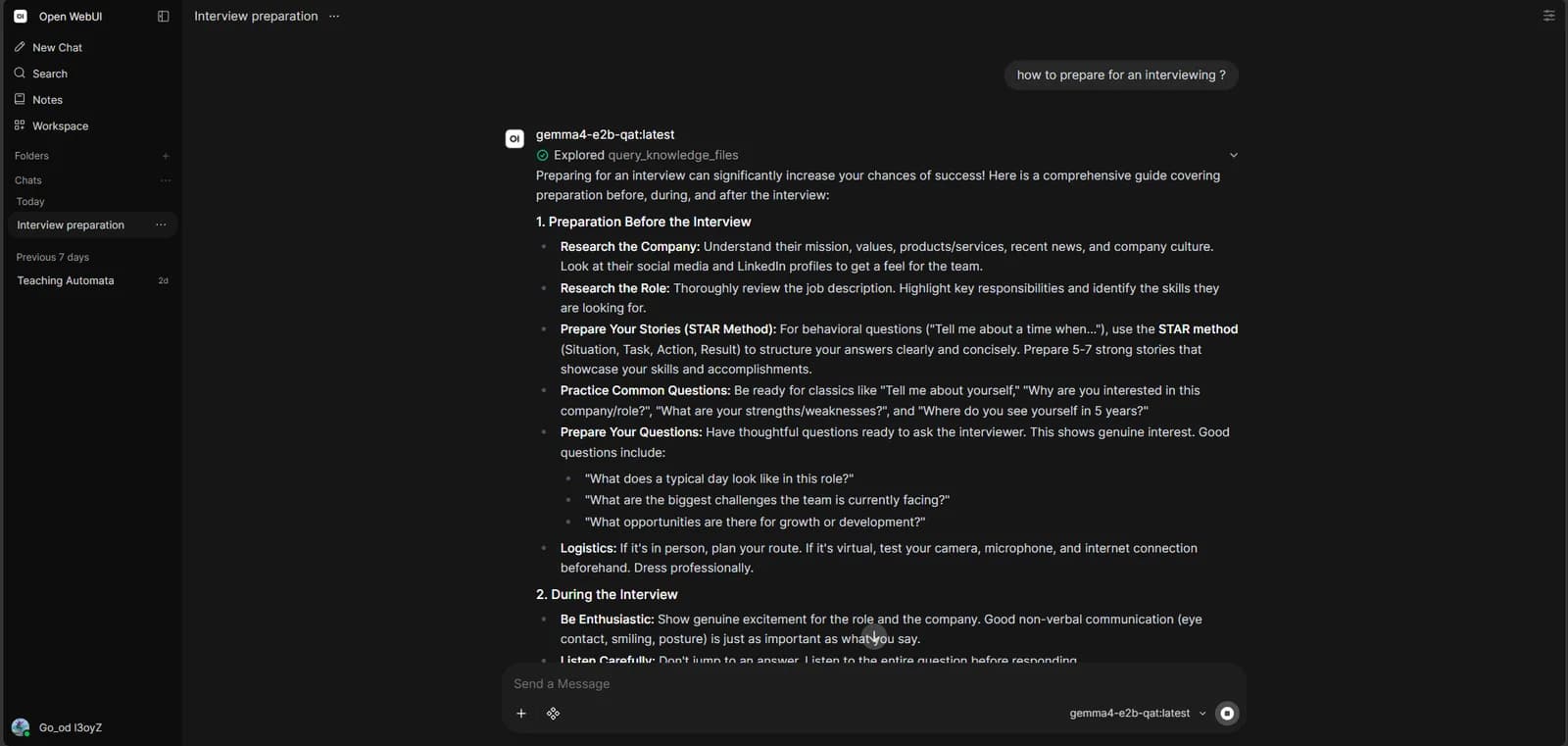 Open WebUI chat answering a question with the local gemma4-e2b model